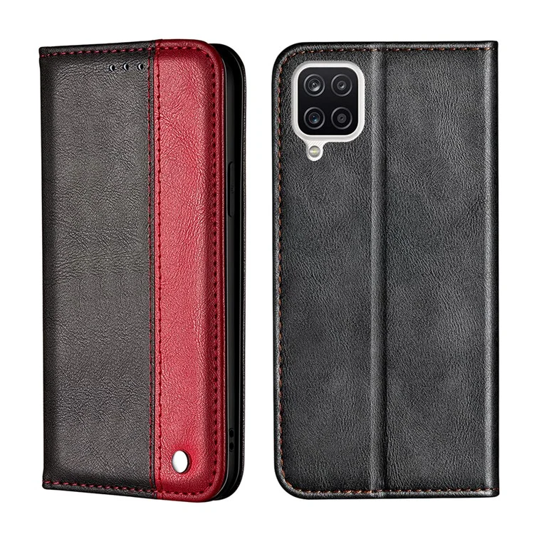 Color Splicing Business Style Card Holder Leather Protector for Samsung Galaxy A12 Stand Case - Red