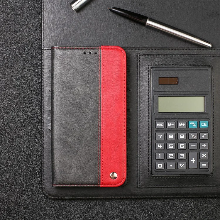 Color Splicing Business Style Card Holder Leather Protector for Samsung Galaxy A12 Stand Case - Red