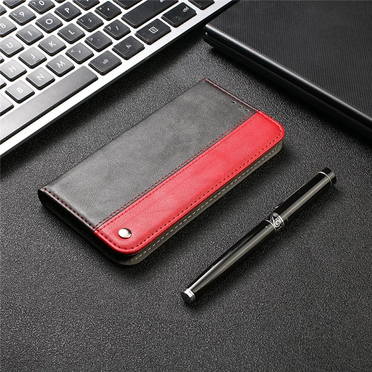Color Splicing Business Style Card Holder Leather Protector for Samsung Galaxy A12 Stand Case - Red