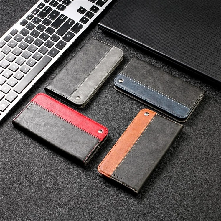 Color Splicing Business Style Card Holder Leather Protector for Samsung Galaxy A12 Stand Case - Red