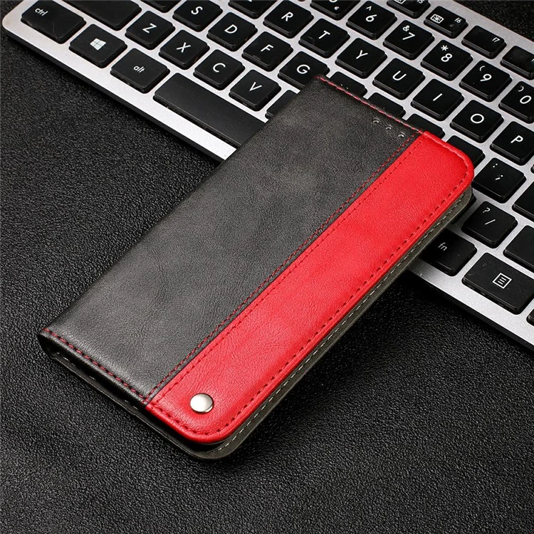 Color Splicing Business Style Card Holder Leather Protector for Samsung Galaxy A12 Stand Case - Red