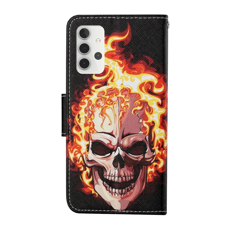 Pattern Printing Design PU Leather Phone Stand Case with Wallet and Strap for Samsung Galaxy A32 5G/M32 5G - Skull and Fire