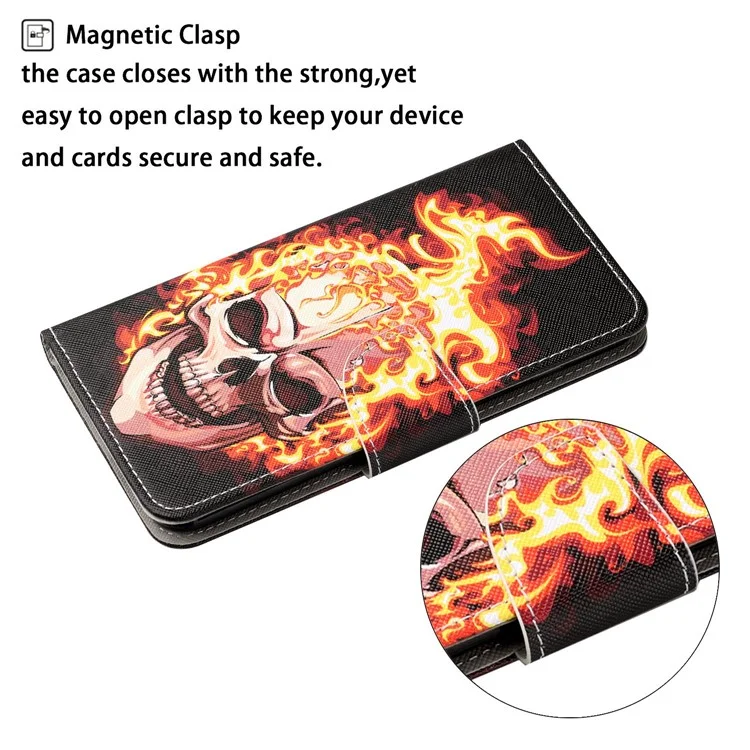 Pattern Printing Design PU Leather Phone Stand Case with Wallet and Strap for Samsung Galaxy A32 5G/M32 5G - Skull and Fire