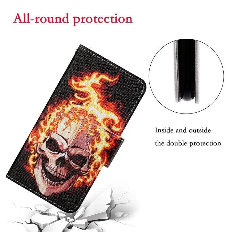 Pattern Printing Design PU Leather Phone Stand Case with Wallet and Strap for Samsung Galaxy A32 5G/M32 5G - Skull and Fire