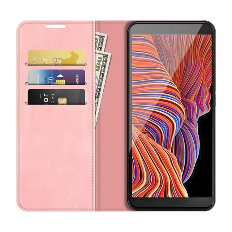 Étui de protection en cuir avec rabat à fermeture magnétique auto-absorbante, avec porte-cartes et support pour Samsung Galaxy Xcover 5/Xcover 5S - Rose