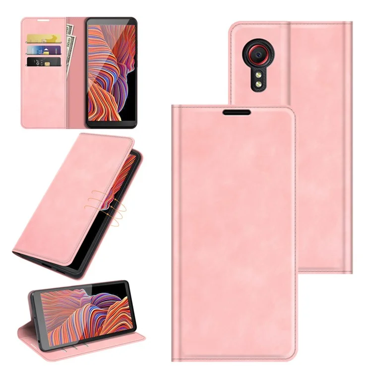Étui de protection en cuir avec rabat à fermeture magnétique auto-absorbante, avec porte-cartes et support pour Samsung Galaxy Xcover 5/Xcover 5S - Rose