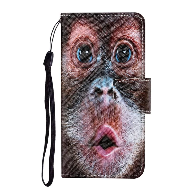 Colorful Pattern Printing PU Leather Phone Stand Case with Strap for Samsung Galaxy A12 - Monkey