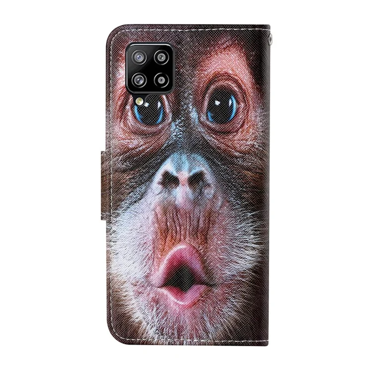 Colorful Pattern Printing PU Leather Phone Stand Case with Strap for Samsung Galaxy A12 - Monkey