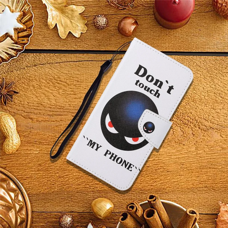 Colorful Pattern Printing PU Leather Phone Stand Case with Strap for Samsung Galaxy A12 - Don't Touch My Phone