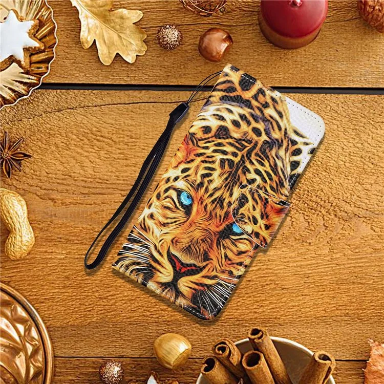 Colorful Pattern Printing PU Leather Phone Stand Case with Strap for Samsung Galaxy A12 - Leopard