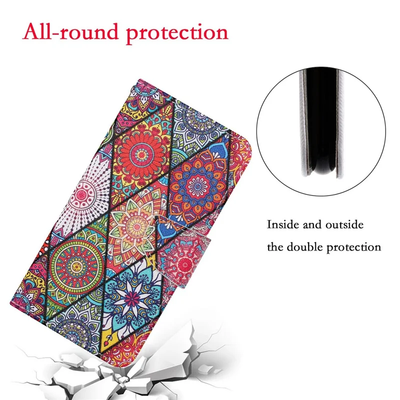 Colorful Pattern Printing PU Leather Phone Stand Case with Strap for Samsung Galaxy A12 - Mandala Pattern