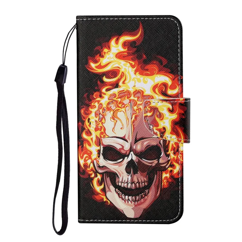 Colorful Pattern Printing PU Leather Phone Stand Case with Strap for Samsung Galaxy A12 - Skull and Fire