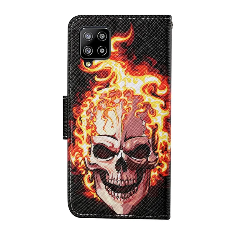 Colorful Pattern Printing PU Leather Phone Stand Case with Strap for Samsung Galaxy A12 - Skull and Fire