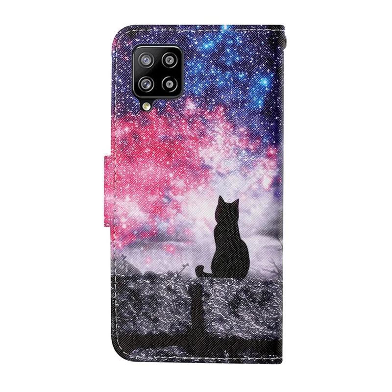 Colorful Pattern Printing PU Leather Phone Stand Case with Strap for Samsung Galaxy A12 - Cat