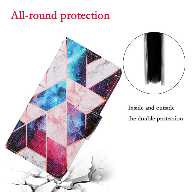 Colorful Pattern Printing PU Leather Phone Stand Case with Strap for Samsung Galaxy A12 - Nebula