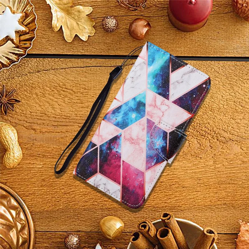Colorful Pattern Printing PU Leather Phone Stand Case with Strap for Samsung Galaxy A12 - Nebula