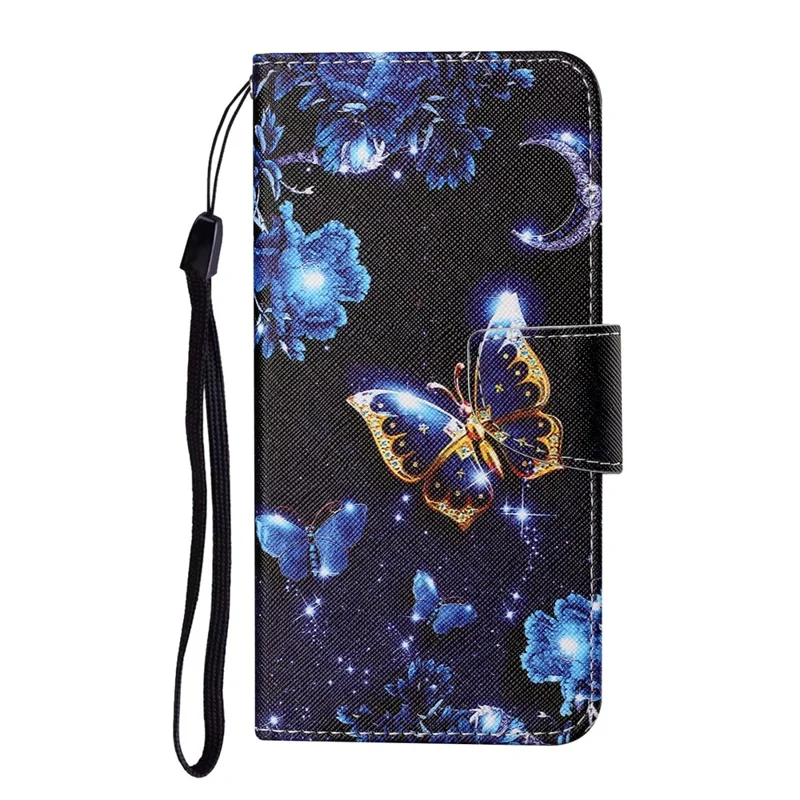 Colorful Pattern Printing PU Leather Phone Stand Case with Strap for Samsung Galaxy A12 - Gold Butterfly