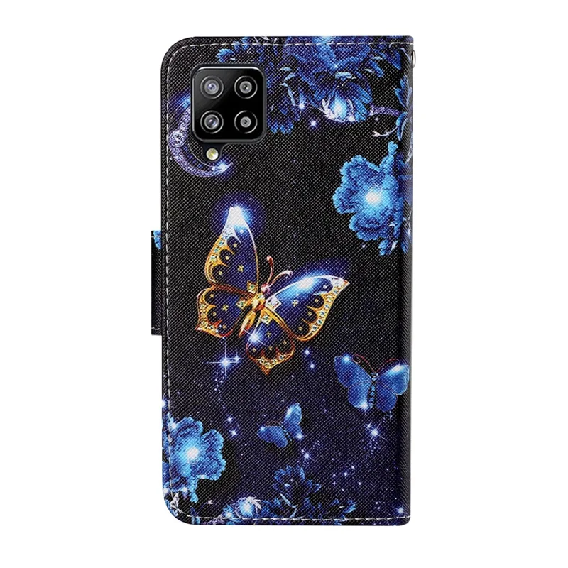 Colorful Pattern Printing PU Leather Phone Stand Case with Strap for Samsung Galaxy A12 - Gold Butterfly