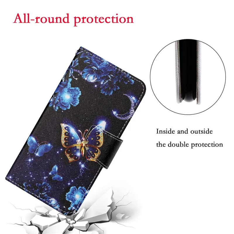 Colorful Pattern Printing PU Leather Phone Stand Case with Strap for Samsung Galaxy A12 - Gold Butterfly