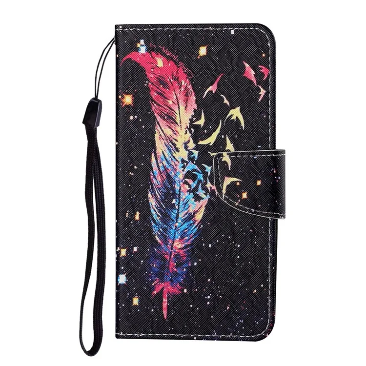 Colorful Pattern Printing PU Leather Phone Stand Case with Strap for Samsung Galaxy A12 - Feather