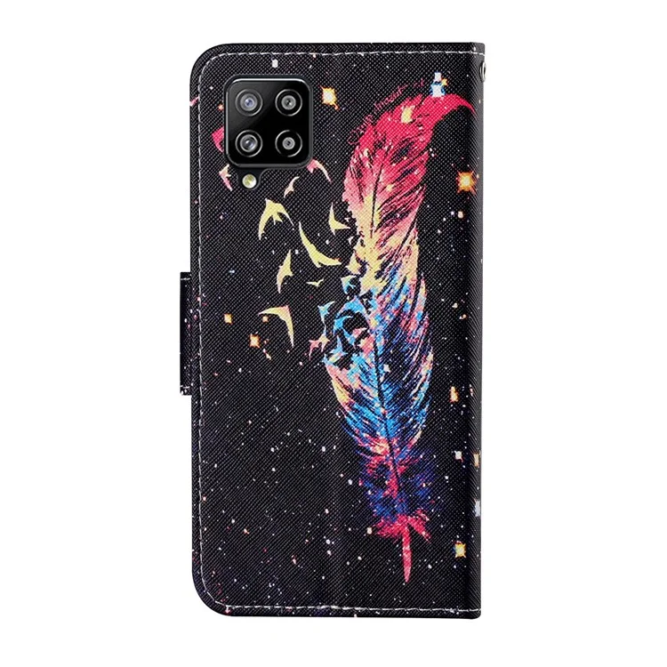 Colorful Pattern Printing PU Leather Phone Stand Case with Strap for Samsung Galaxy A12 - Feather