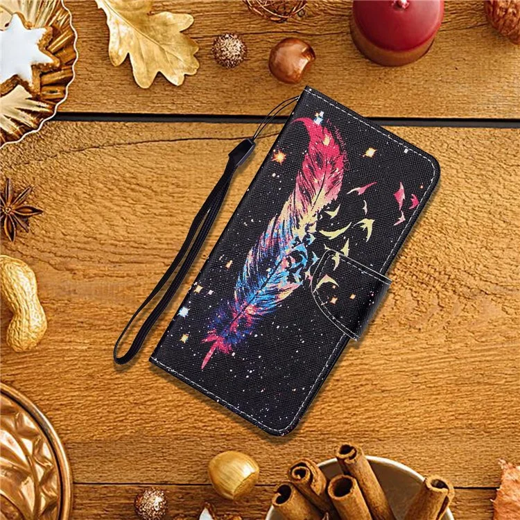 Colorful Pattern Printing PU Leather Phone Stand Case with Strap for Samsung Galaxy A12 - Feather