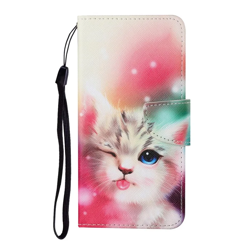 Colorful Pattern Printing PU Leather Phone Stand Case with Strap for Samsung Galaxy A12 - Cute Cat