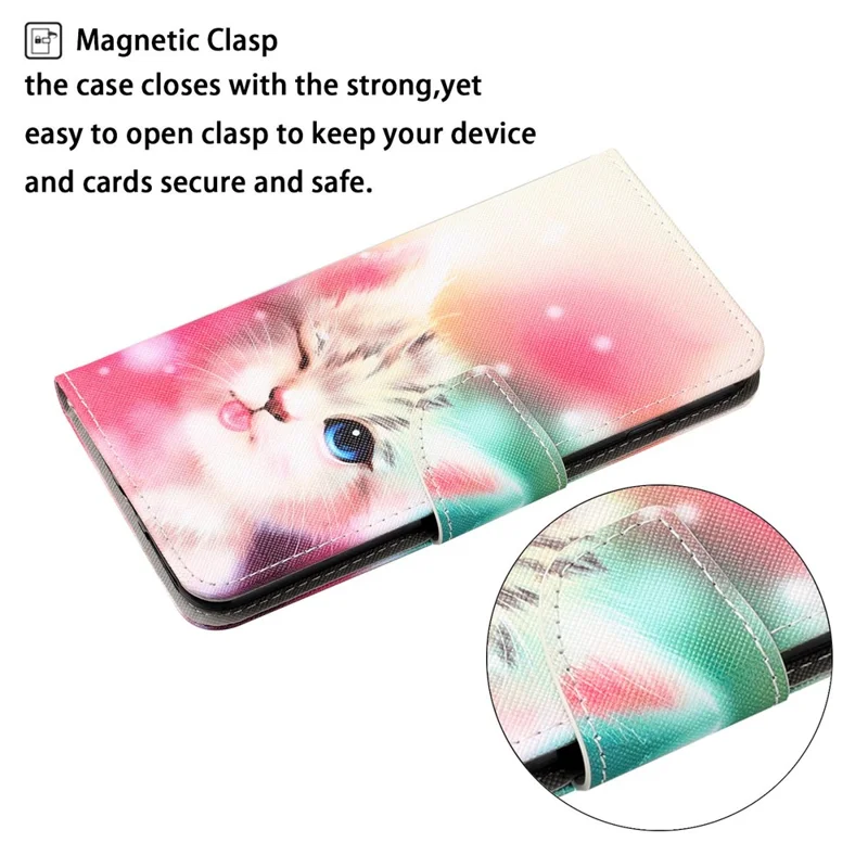 Colorful Pattern Printing PU Leather Phone Stand Case with Strap for Samsung Galaxy A12 - Cute Cat