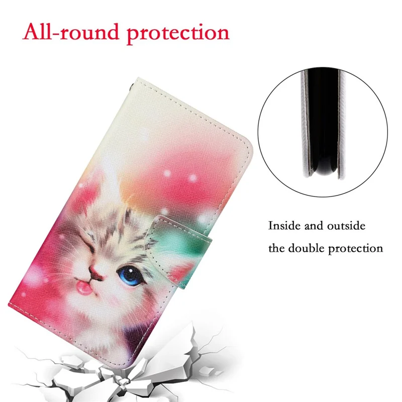 Colorful Pattern Printing PU Leather Phone Stand Case with Strap for Samsung Galaxy A12 - Cute Cat