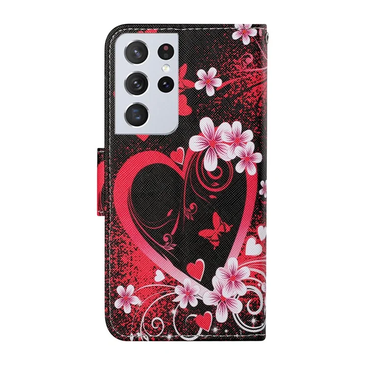 Colorful Pattern Printing Leather Case Stand Wallet Shell for Samsung Galaxy S21 Ultra 5G - Flower and Heart