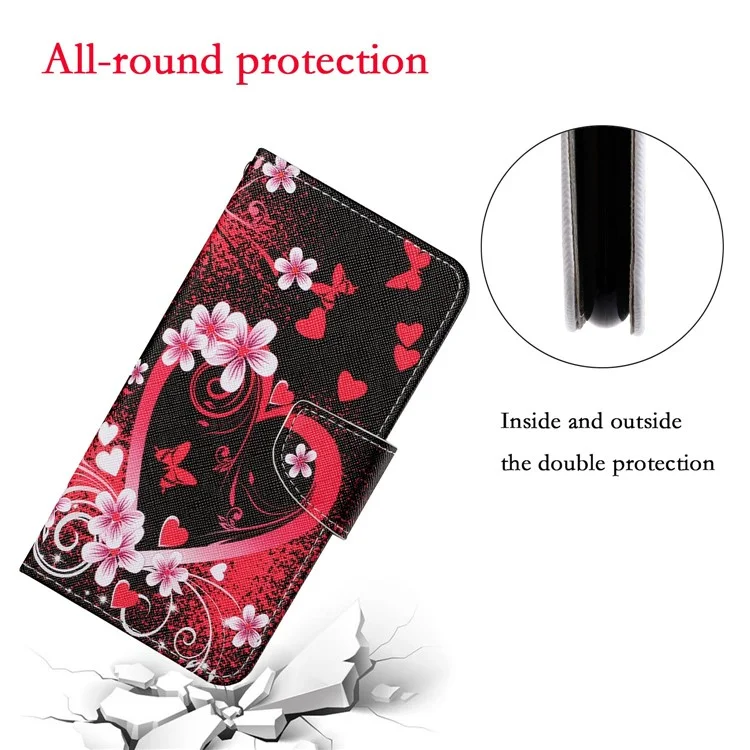 Colorful Pattern Printing Leather Case Stand Wallet Shell for Samsung Galaxy S21 Ultra 5G - Flower and Heart