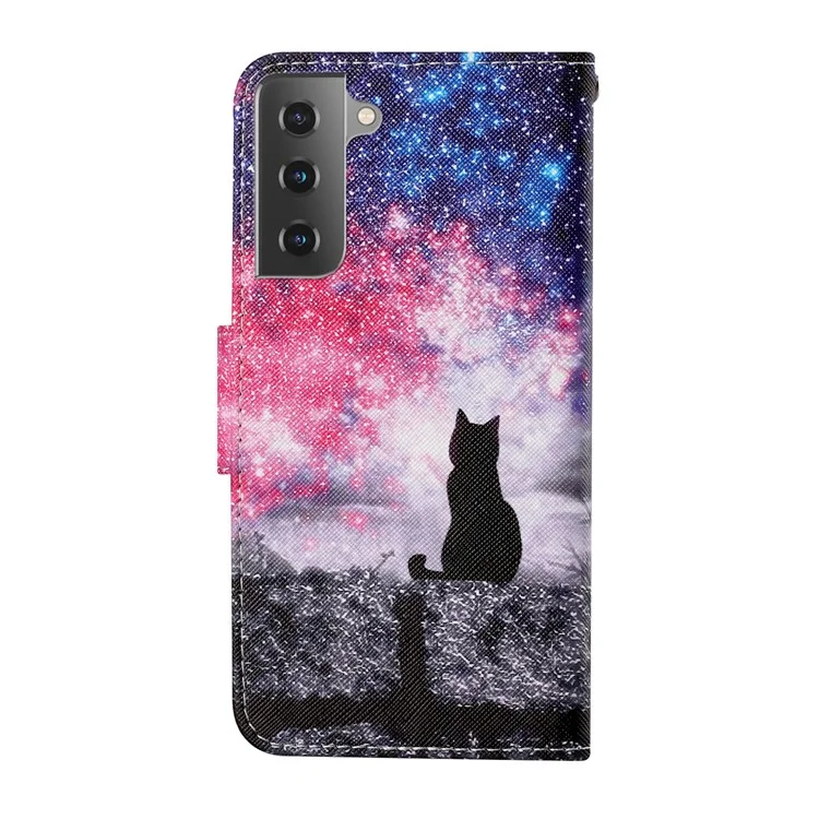 Motif Coloré Imprimer la Coque de Support de Boîtier en Cuir PU Avec Sangle Pour Samsung Galaxy S21 5g / 4g - Chat