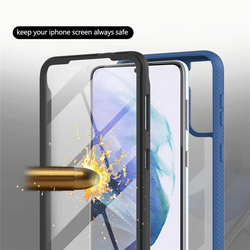 Full-Coverage Protection PC+TPU Combo Hybrid Case with PET Screen Protector for Samsung Galaxy S21 5G/4G - Blue/Black Frame