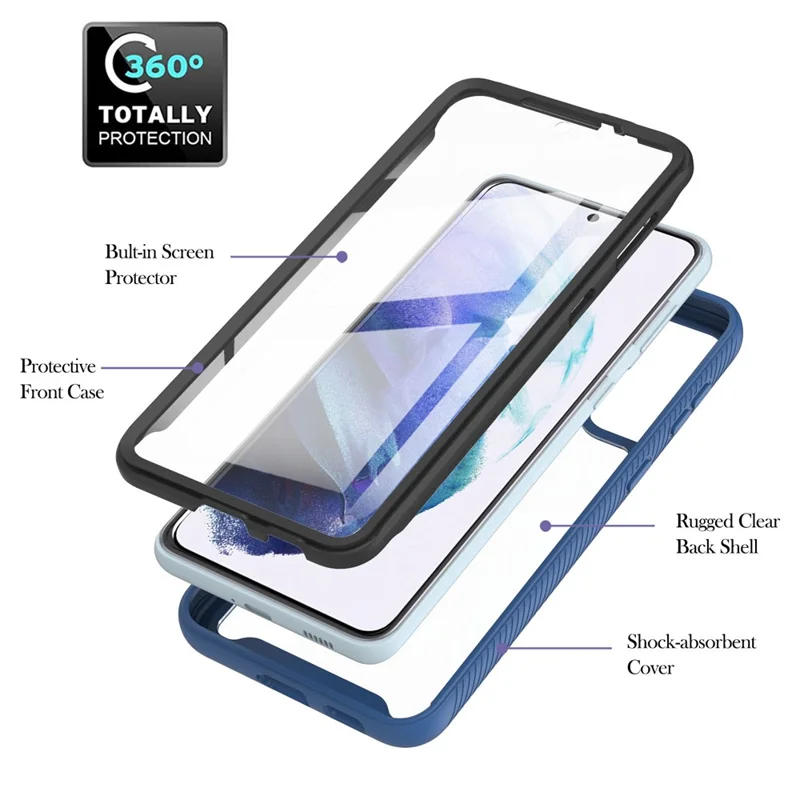 Full-Coverage Protection PC+TPU Combo Hybrid Case with PET Screen Protector for Samsung Galaxy S21 5G/4G - Blue/Black Frame