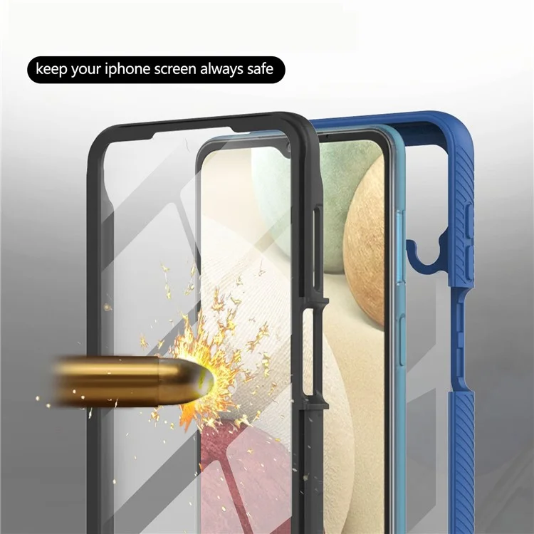 3 in 1 Full-Coverage Protection PC + TPU Schutzhülle mit PET-Bildschirmschutz für Samsung Galaxy A12 - Dunkelblau