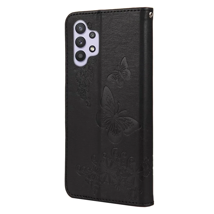 Butterflies Flower Match Design Impression de Support de Portefeuille en Cuir Pour Samsung Galaxy A32 4G (version Ue) - le Noir