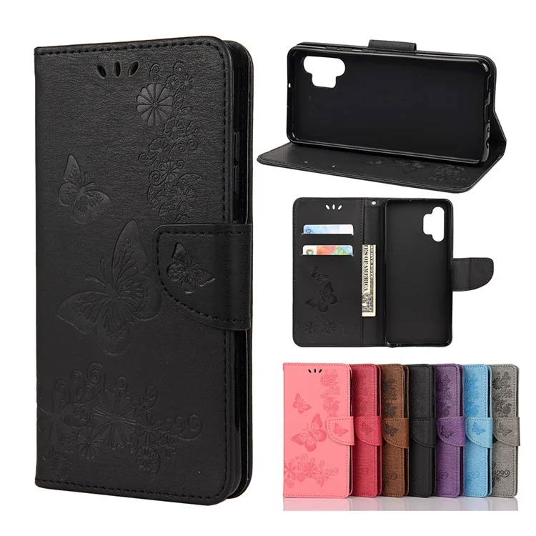Butterflies Flower Match Design Impression de Support de Portefeuille en Cuir Pour Samsung Galaxy A32 4G (version Ue) - le Noir