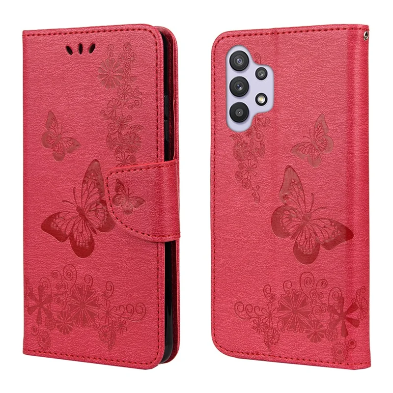Butterflies Flower Pattern Design Imprinting Leather Wallet Stand Case for Samsung Galaxy A32 4G (EU Version) - Red