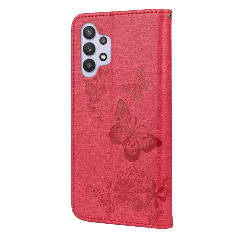 Butterflies Flower Pattern Design Imprinting Leather Wallet Stand Case for Samsung Galaxy A32 4G (EU Version) - Red