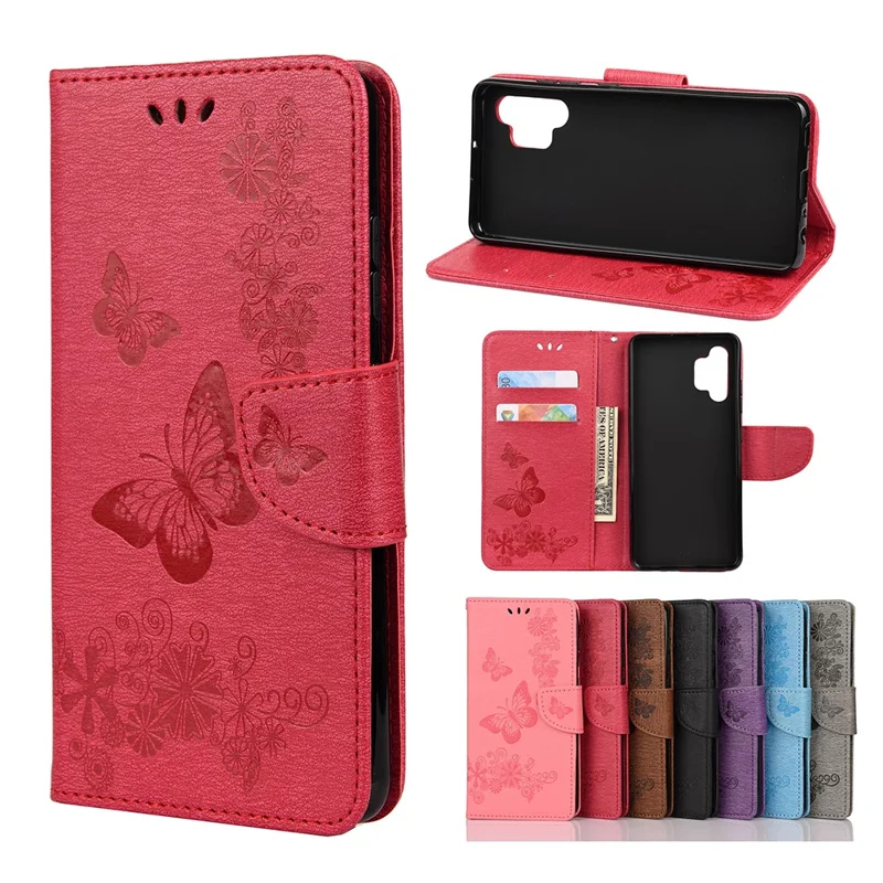 Butterflies Flower Pattern Design Imprinting Leather Wallet Stand Case for Samsung Galaxy A32 4G (EU Version) - Red