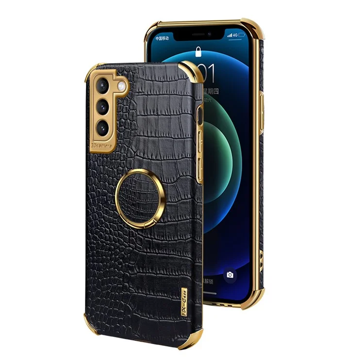 Precise Cutout Electroplating Crocodile Texture PU Leather Coated TPU Phone Cover with Ring Holder for Samsung Galaxy S21 Plus 5G - Black