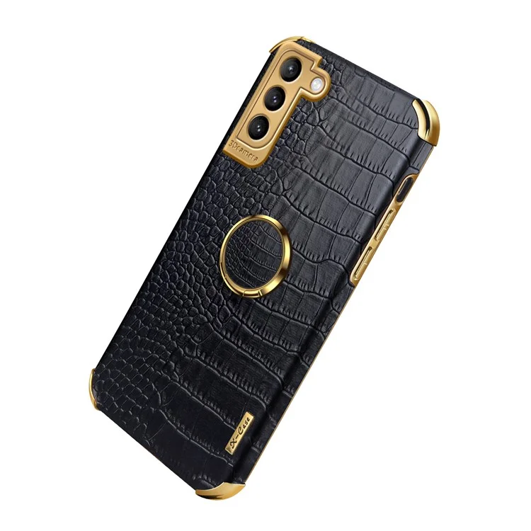 Precise Cutout Electroplating Crocodile Texture PU Leather Coated TPU Phone Cover with Ring Holder for Samsung Galaxy S21 Plus 5G - Black