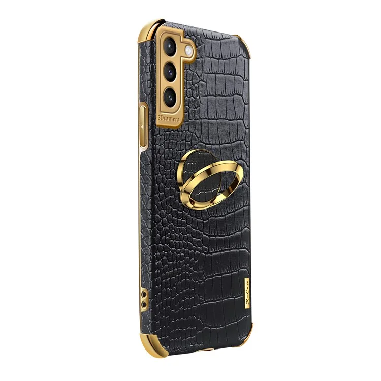 Precise Cutout Electroplating Crocodile Texture PU Leather Coated TPU Phone Cover with Ring Holder for Samsung Galaxy S21 Plus 5G - Black