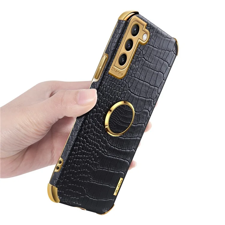 Precise Cutout Electroplating Crocodile Texture PU Leather Coated TPU Phone Cover with Ring Holder for Samsung Galaxy S21 Plus 5G - Black