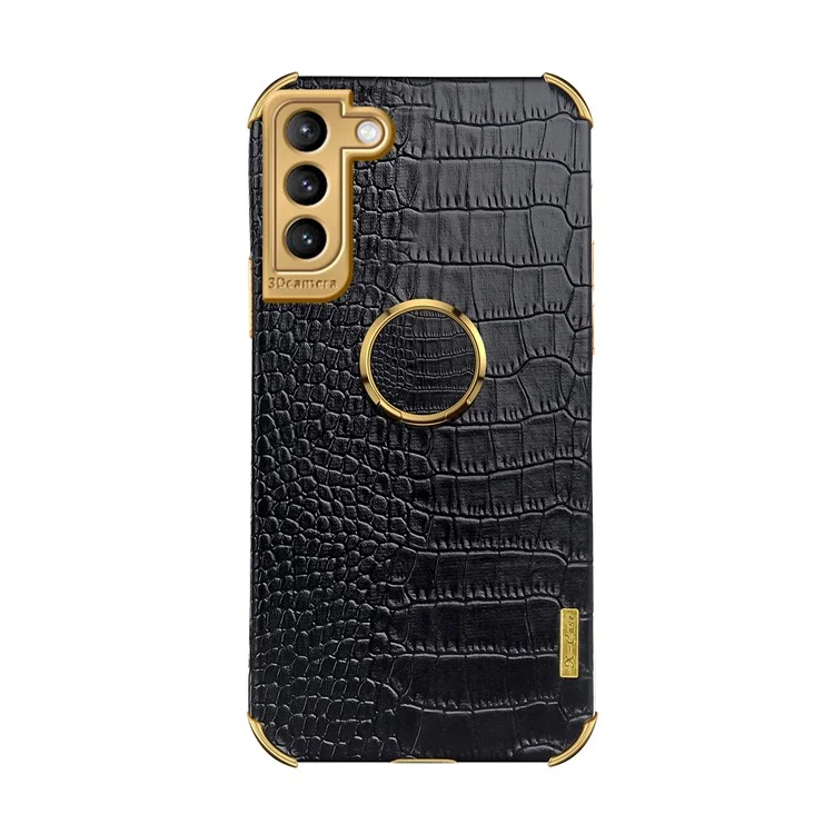 Precise Cutout Electroplating Crocodile Texture PU Leather Coated TPU Phone Cover with Ring Holder for Samsung Galaxy S21 Plus 5G - Black