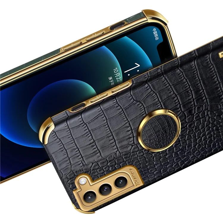 Precise Cutout Electroplating Crocodile Texture PU Leather Coated TPU Phone Cover with Ring Holder for Samsung Galaxy S21 Plus 5G - Black