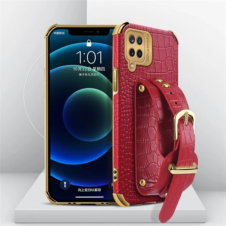 Wrist Strap Kickstand Design 6D Crocodile Texture Electroplated PU Leather Coated TPU Phone Case for Samsung Galaxy A12 - Red