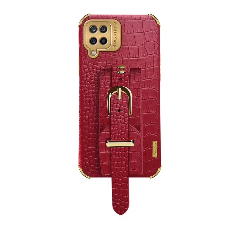 Wrist Strap Kickstand Design 6D Crocodile Texture Electroplated PU Leather Coated TPU Phone Case for Samsung Galaxy A12 - Red