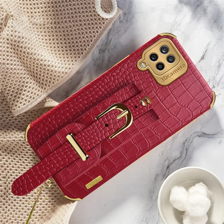 Wrist Strap Kickstand Design 6D Crocodile Texture Electroplated PU Leather Coated TPU Phone Case for Samsung Galaxy A12 - Red