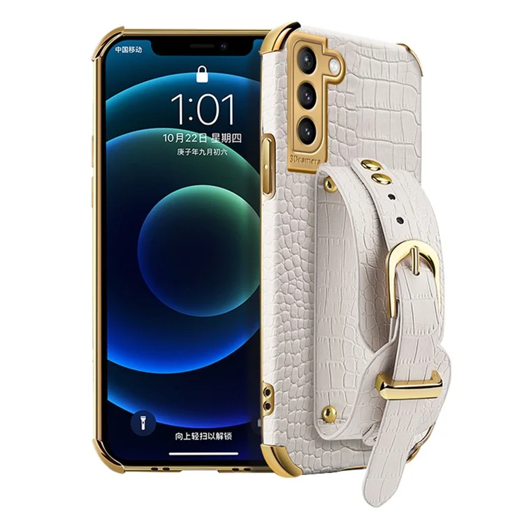 6D Crocodile Texture PU Leather Coated TPU Electroplated Phone Case with Wrist Strap for Samsung Galaxy S21 5G/4G - White
